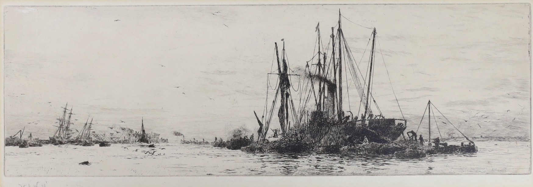 William Lionel Wyllie (1851-1931), drypoint etching, 'Unloading timber', signed in pencil, 11 x 33cm